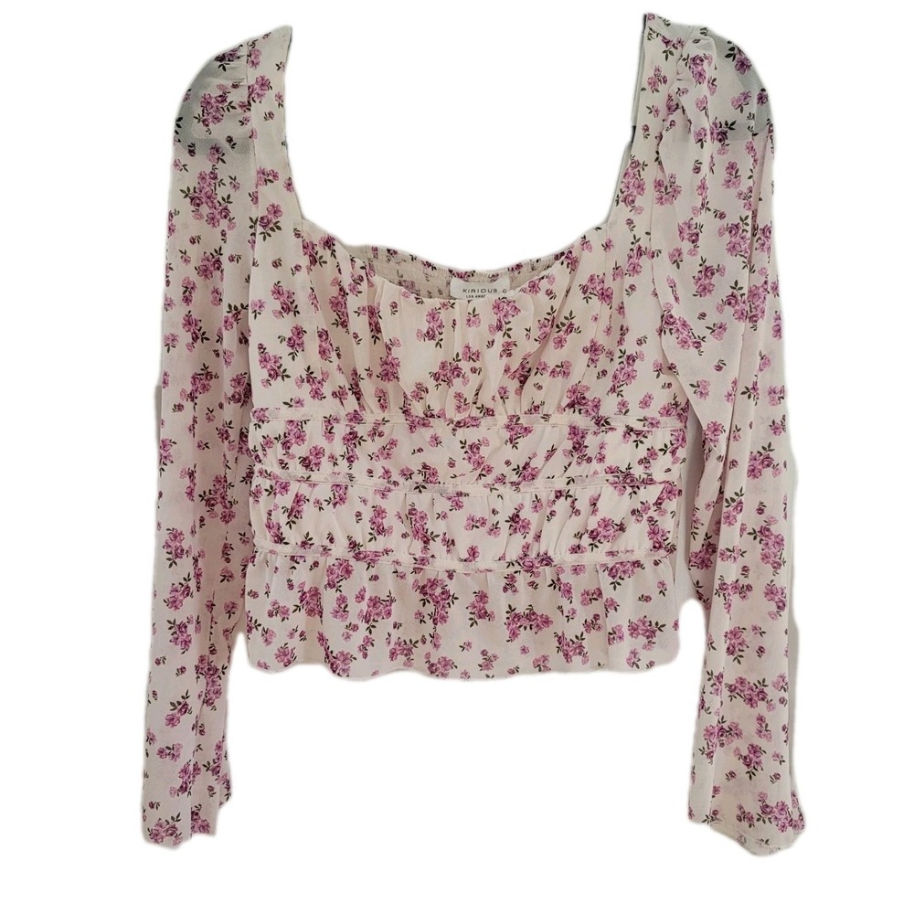 Kirious LA Floral Crop Top L Ruched Ruffle Sleeve Cottagecore Purple Pink Y2K